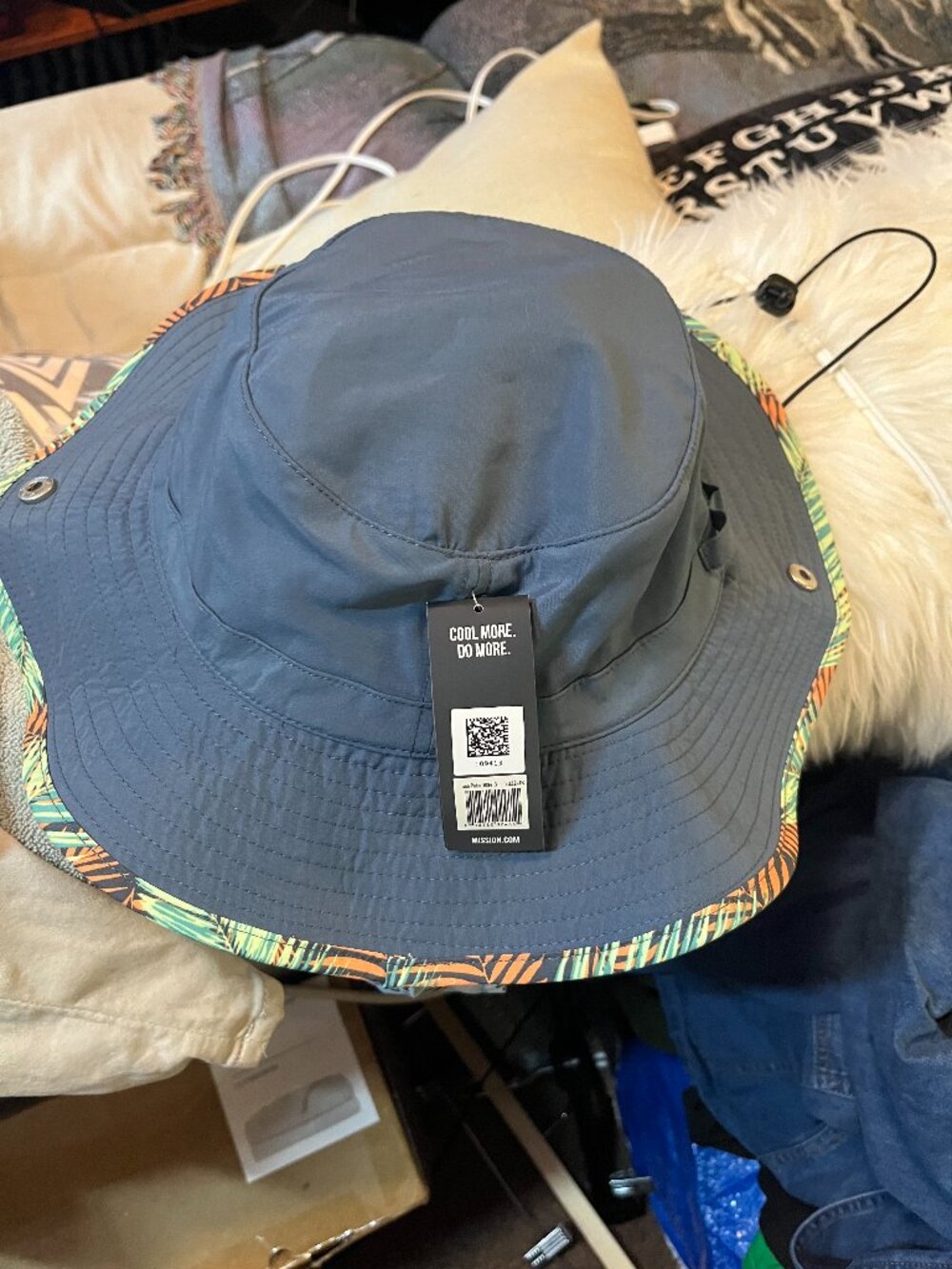 MISSION Cooling Boonie Hat Navy Tropical Palm Print Wide Brim Sun Hat